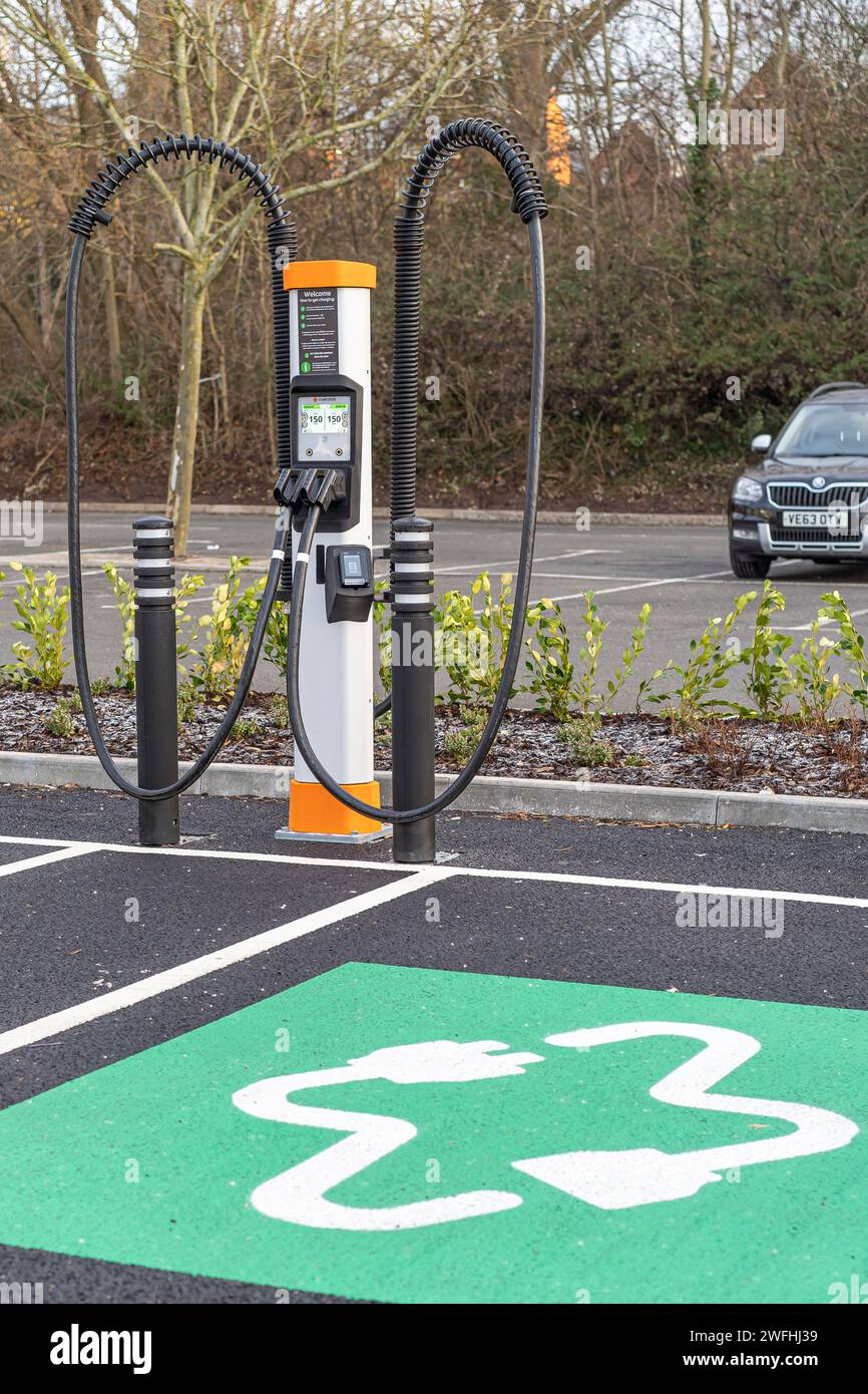Kempower fast charge charging point at a Sainsbury's supermarket car park, UK. Stock Photo
