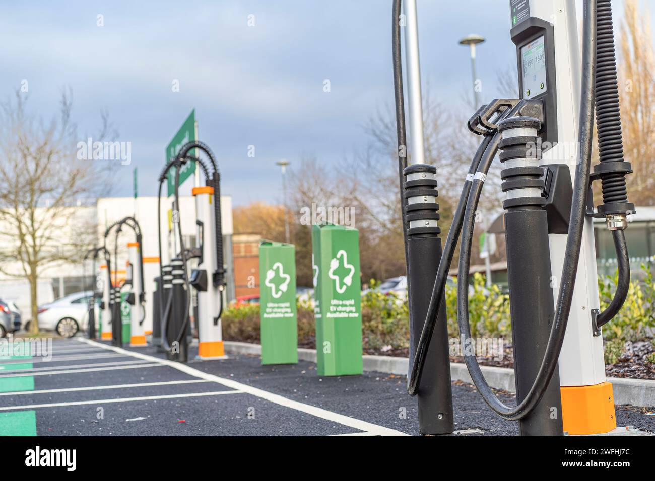 Kempower fast charge charging point at a Sainsbury's supermarket car park Stock Photo