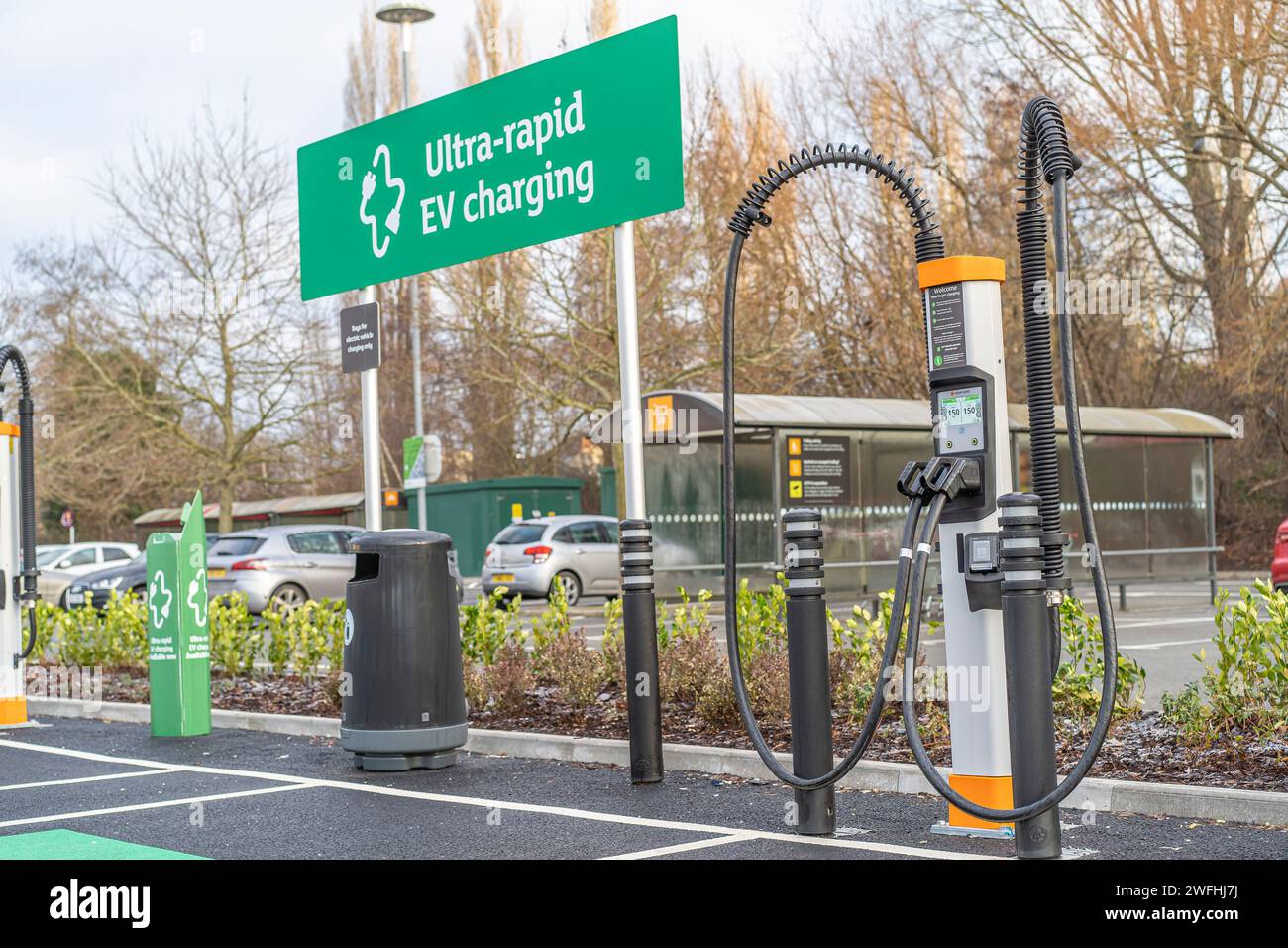 Kempower ultra-rapid electric vehicle charging point at a Sainsbury's supermarket car park. Stock Photo