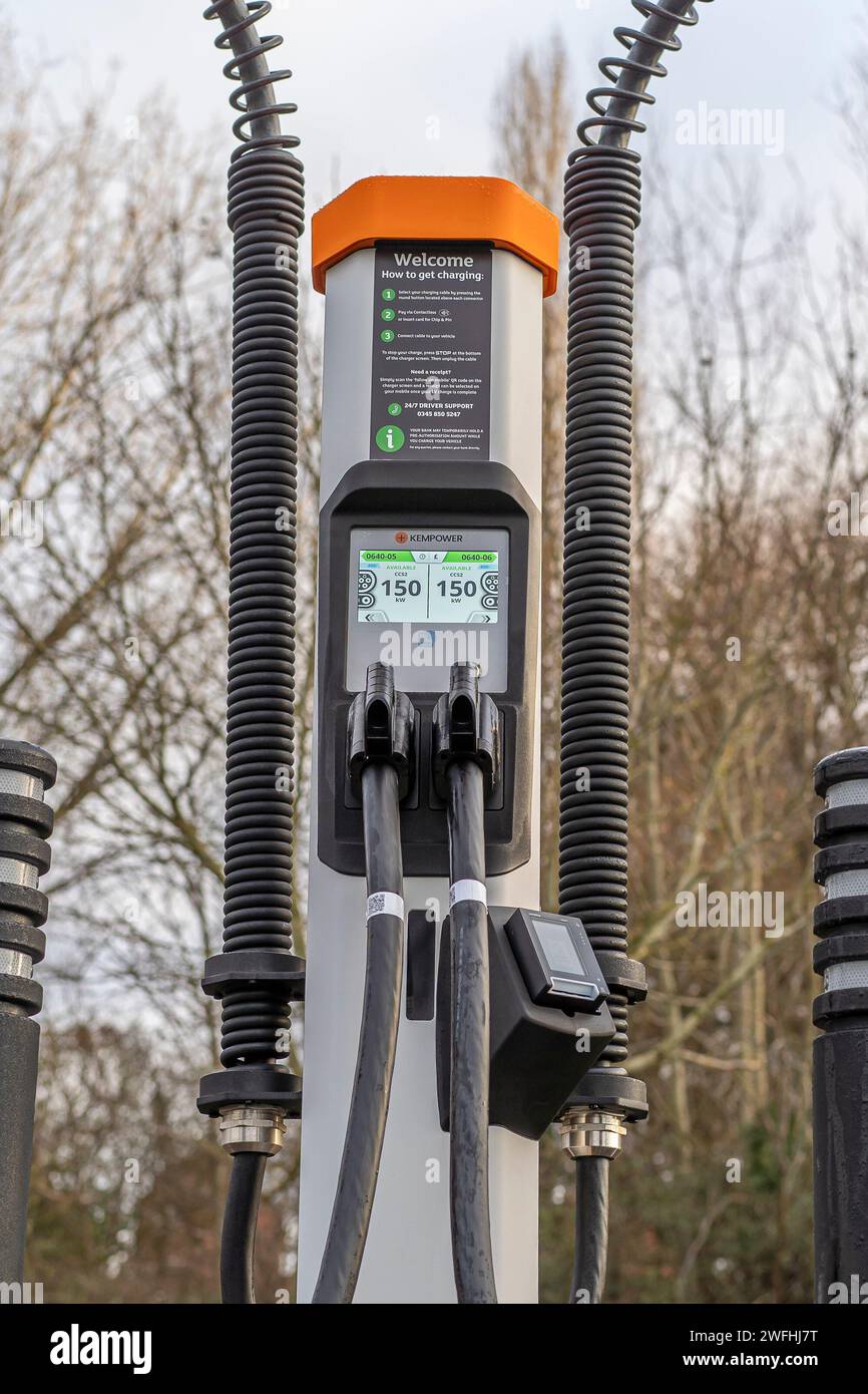 Close up of Kempower fast charge charging point at a Sainsbury's supermarket car park, UK. Stock Photo