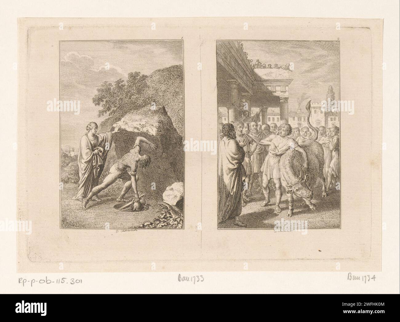 Two performances from the life of Thoseus, Daniel Nikolaus Chodowiecki, 1794 print Left: Theseus finds the weapons of his father. Right: Theseus catches the bull of Marathon. Nummered at the top right: 1, 2. Berlin paper etching (story of) Theseus. Theseus takes the sword and the sandals of his father Aegeus from under the rock; usually in the presence of his mother Aethra. Theseus captures the bull of Marathon Stock Photo