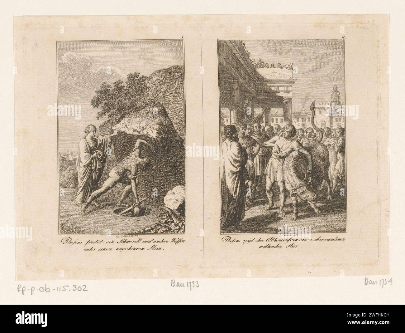 Two performances from the life of Thoseus, Daniel Nikolaus Chodowiecki, 1794 print Left: Theseus finds the weapons of his father. Right: Theseus catches the bull of Marathon. With caption in German and the top right numbered: 1, 2. Berlin paper etching (story of) Theseus. Theseus takes the sword and the sandals of his father Aegeus from under the rock; usually in the presence of his mother Aethra. Theseus captures the bull of Marathon Stock Photo
