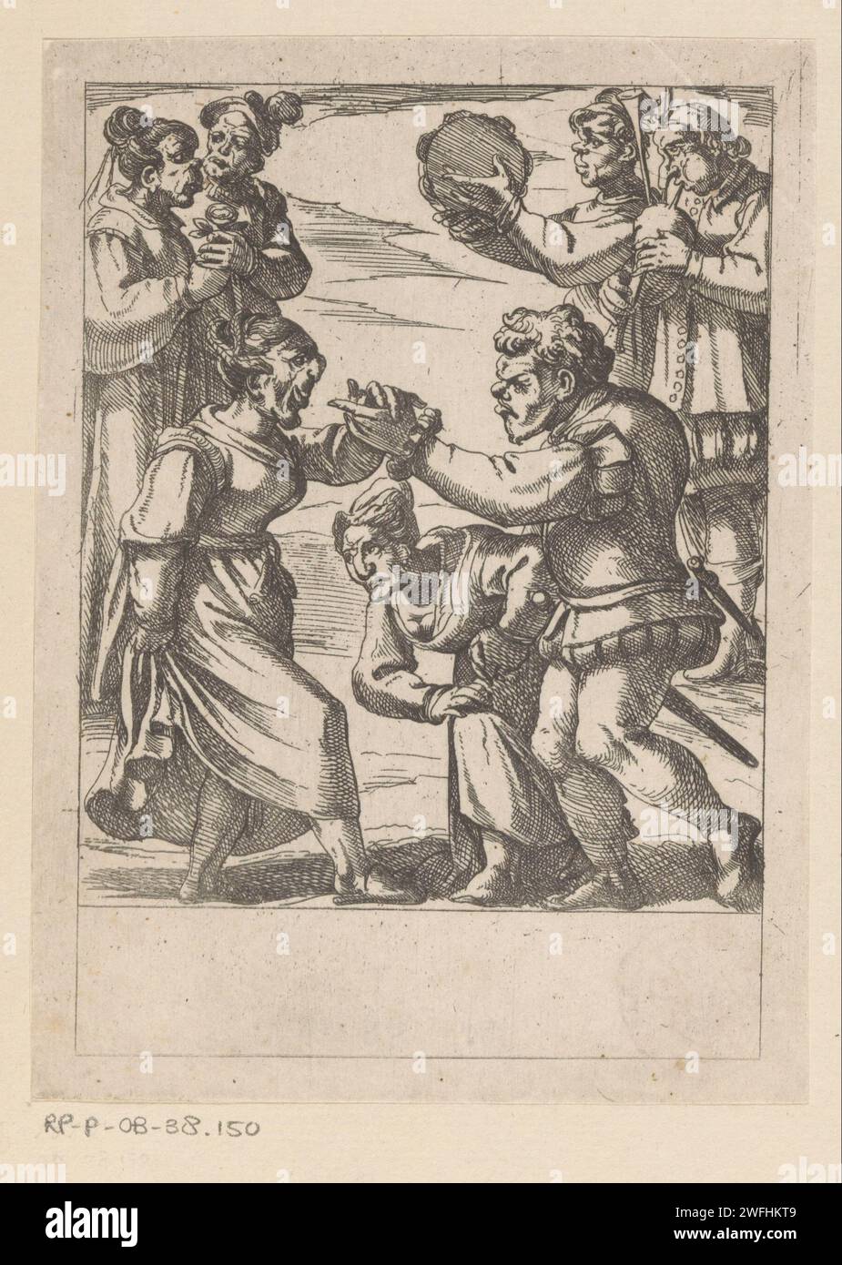 A Dance, Antonio Tempesta, 1565 - 1630 print Three dancing grotesque figures. In the background two ugly women with a rose and two musicians with cave heads play bagpipes and tambourine. Italy paper etching caricatures (human types). group dancing. dancing. musician Stock Photo
