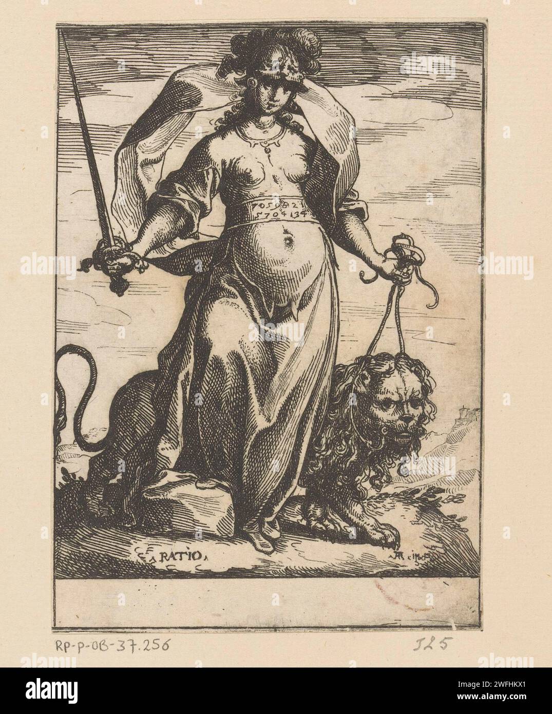 Rede, Raffaello Schiambinosso, c. 1605 print Personification of reason (ratio) as a woman with sword and a lion. Italy paper etching Rationality, Reasoning; 'Ratiocinatione o Discorso' (Ripa). beasts of prey, predatory animals: lion Stock Photo