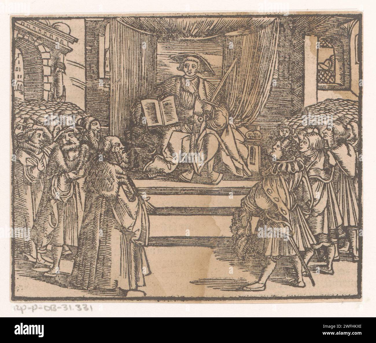 Man with a sword and a book sitting on a throne for a crowd, Anonymous, 1541 print  print maker: Netherlandspublisher: Antwerp paper letterpress printing adult man (+ sitting). book. hacking and thrusting weapons: sword. throne Stock Photo