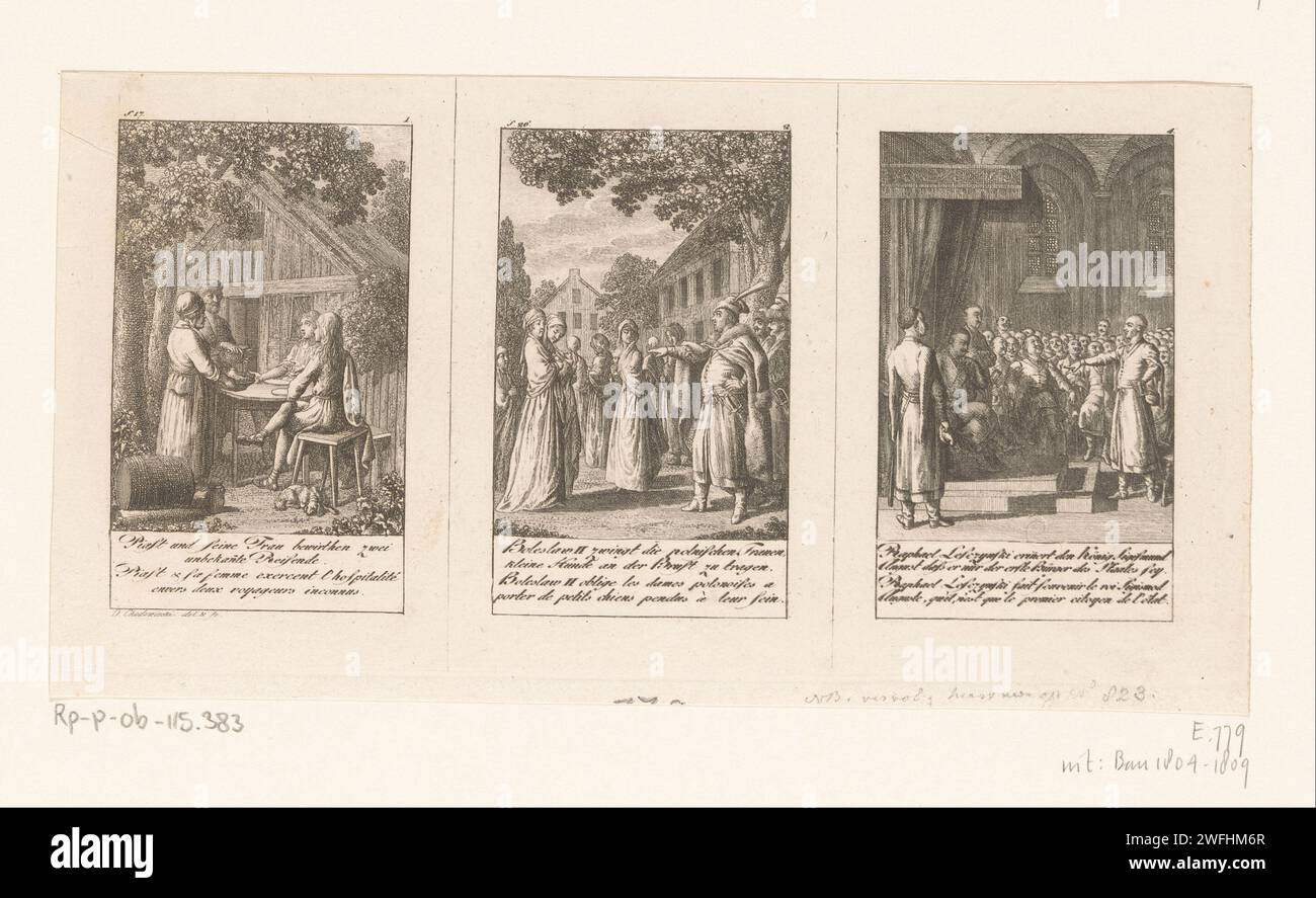 Three performances from the history of Poland, Daniel Nikolaus Chodowiecki, 1795 print The prints are numbered at the top right. With caption and page reference in German and French. Berlin paper etching hut, cabin, lodge. eating. index finger forwards, pointing, indicating. ruler, sovereign Stock Photo
