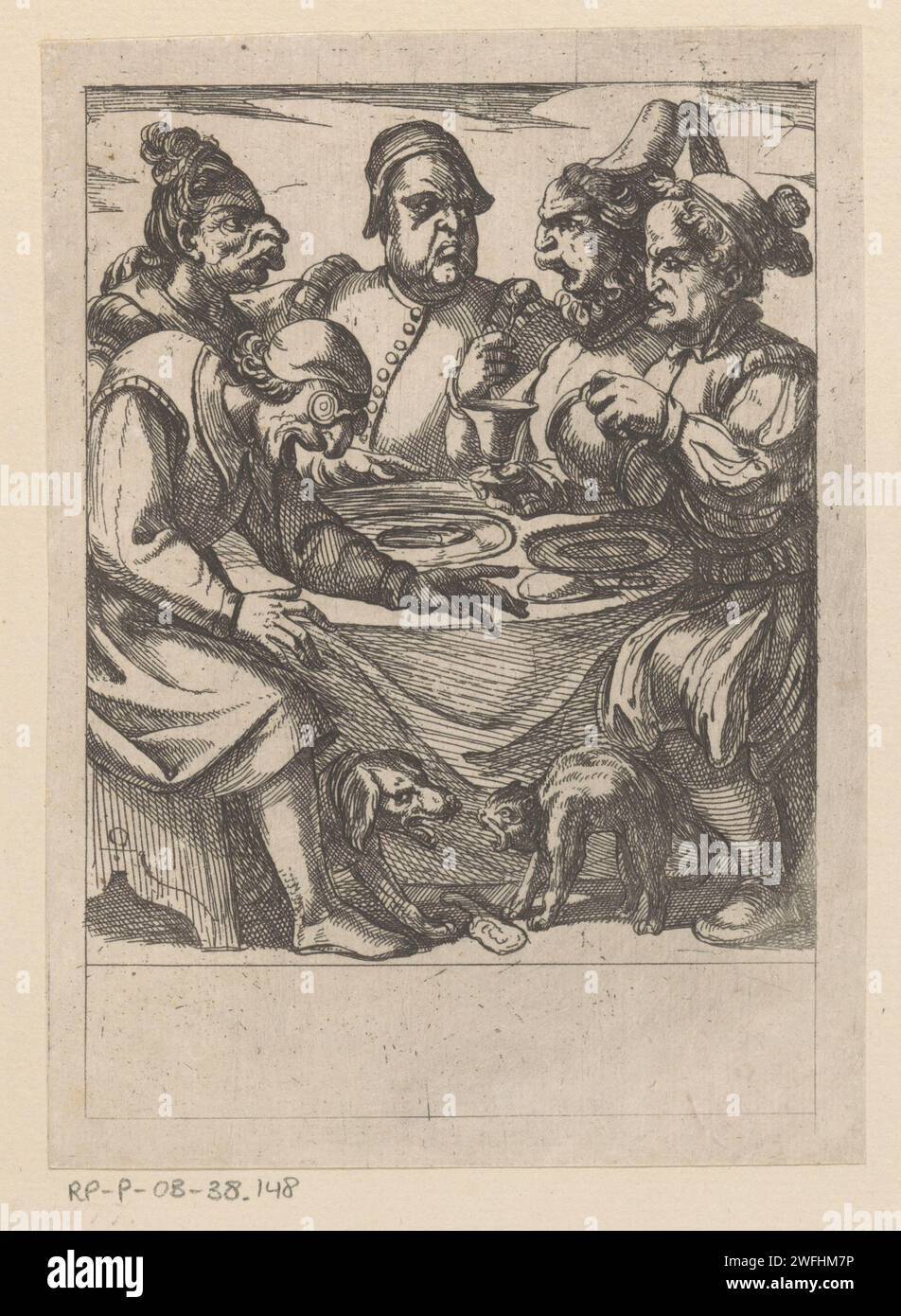 Meal with dog and cat, Antonio Tempesta, 1565 - 1630 print Three grotesque men and two ugly women sit around a table and have a meal. In the foreground a fighting dog and cat. Italy paper etching cat. dog. (family) meal. caricatures (human types) Stock Photo
