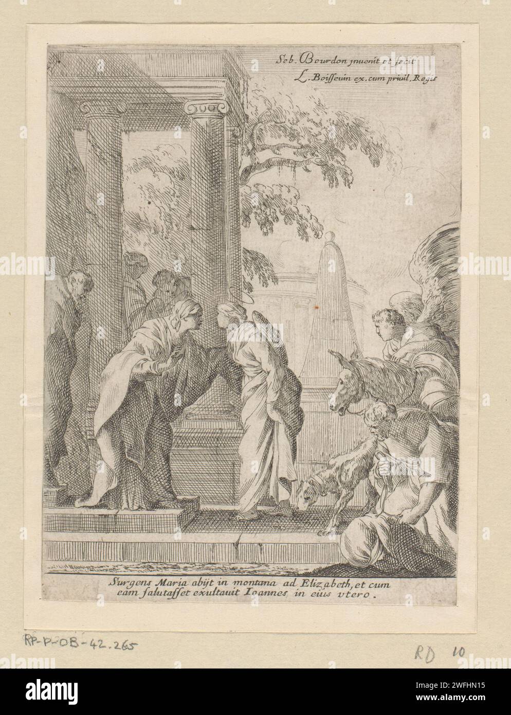 Visitation, Sébastien Bourdon, 1626 - 1671 print   paper etching Visitation (possibly Joseph and/or Zacharias present) (Luke 1:39-56) Stock Photo