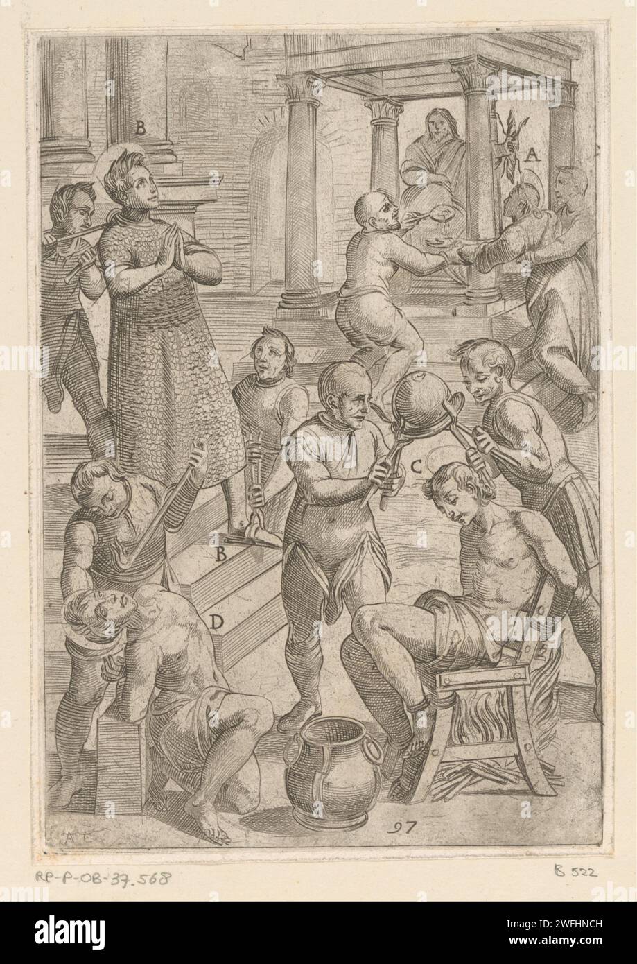 Torture: combustion and strangulation, Antonio Tempesta, 1565 - 1630 print Numbered in the middle: 97. print maker: Italyafter own design by: Italypublisher: RomeVaticaanstad paper etching torture. violent death  maltreatment, torture Stock Photo