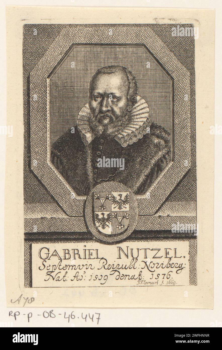 Portrait van Gabriel Nützel, Johann Friedrich Leonard, 1669 print Portrait of Gabriel Nützel, counselor in Nuremberg, with family crest.  paper engraving Stock Photo