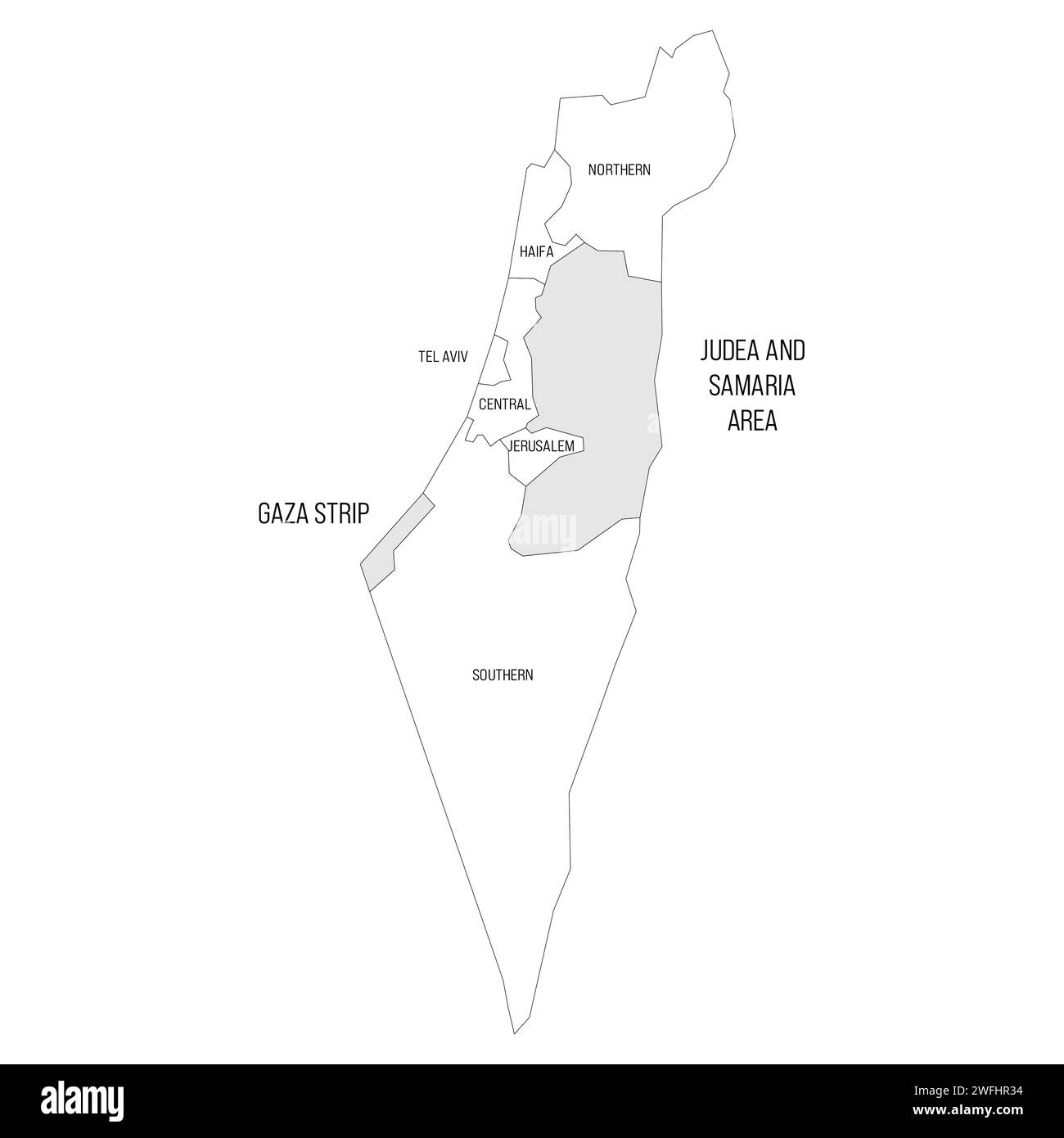 Israel political map of administrative divisions districts, Gaza Strip and Judea and Samaria