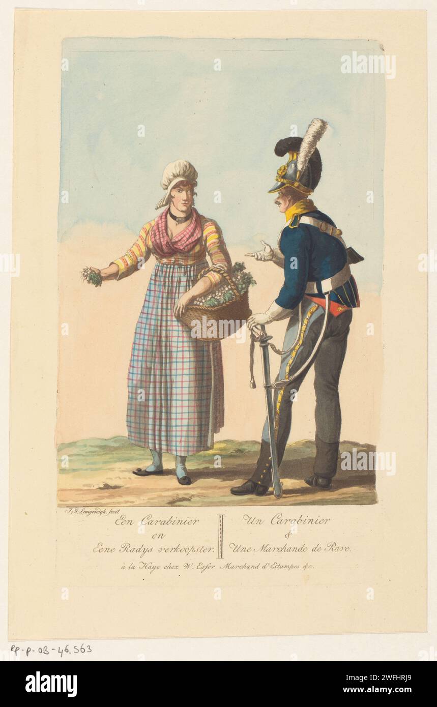 Cavalry soldier and a radish saleswoman, Jan Anthonie Langendijk Dzn, 1816 print A cavalry soldier and a radish saleswoman have a conversation. The woman on the left is wearing a basket with radishes on the arm, the soldier on the right leans on his sword as he speaks. The Hague paper  street-trader. military discipline (+ cavalry, horsemen). (non-fruit) products of plants or trees: radish Stock Photo