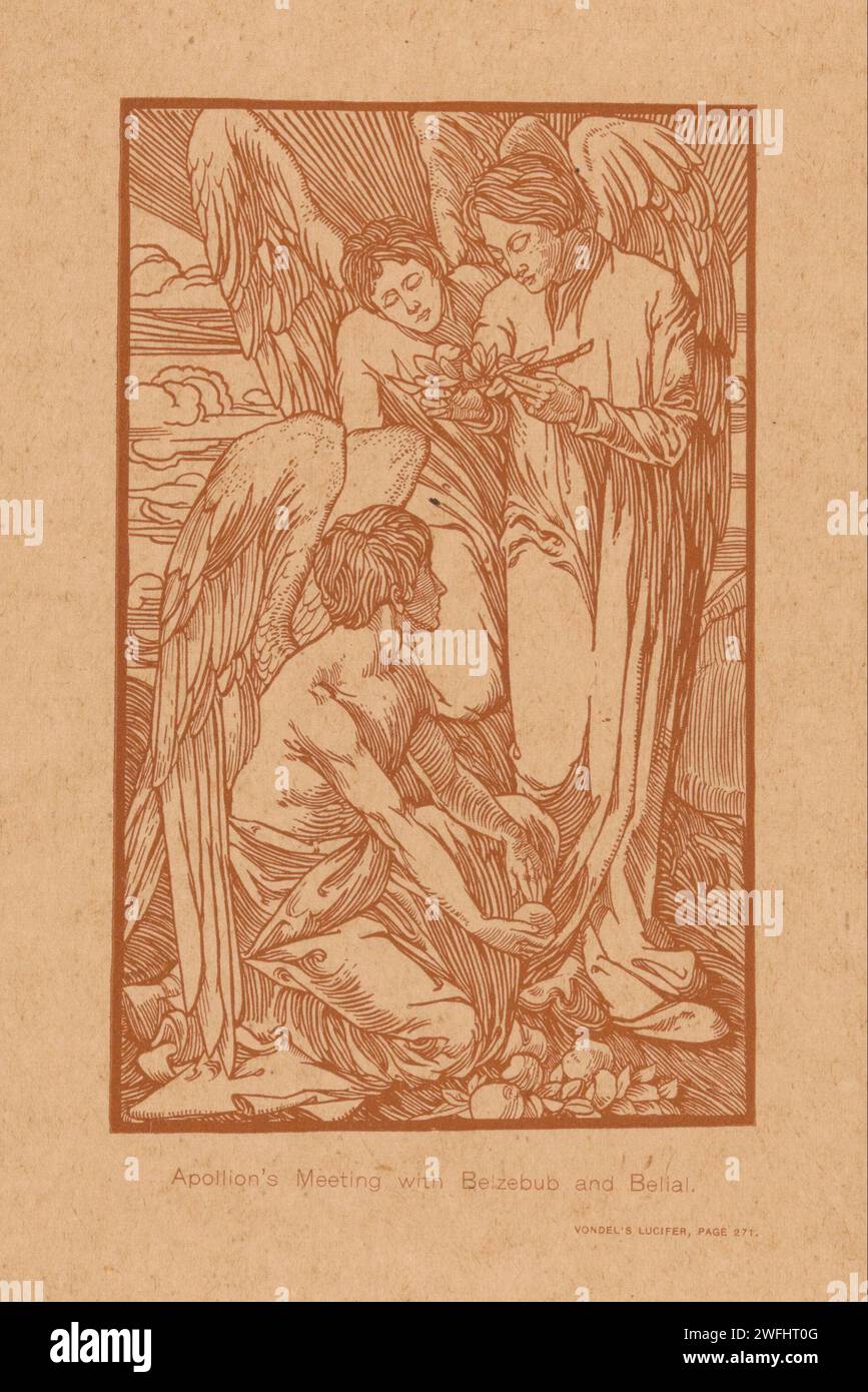Meeting of Apollion with Belzebub and Belial, Johannes Josephus Aarts, 1898 print On the right the angel Apollion with a golden branch of the tree of life in his hand. To his left the angels Belzebub and Belial.  paper letterpress printing devil(s) and demons. the tree of life in the Garden of Eden Stock Photo