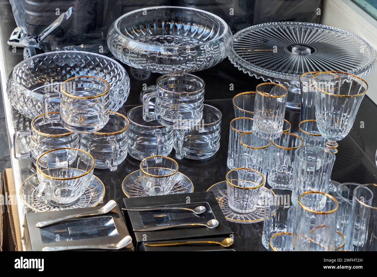 Glassware homeware accessories sold outside on a market stall Stock Photo