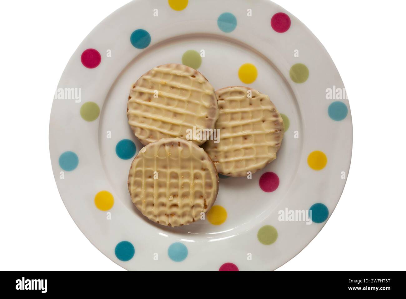 McVitie's Digestives White Chocolate biscuits on spotted plate set on
