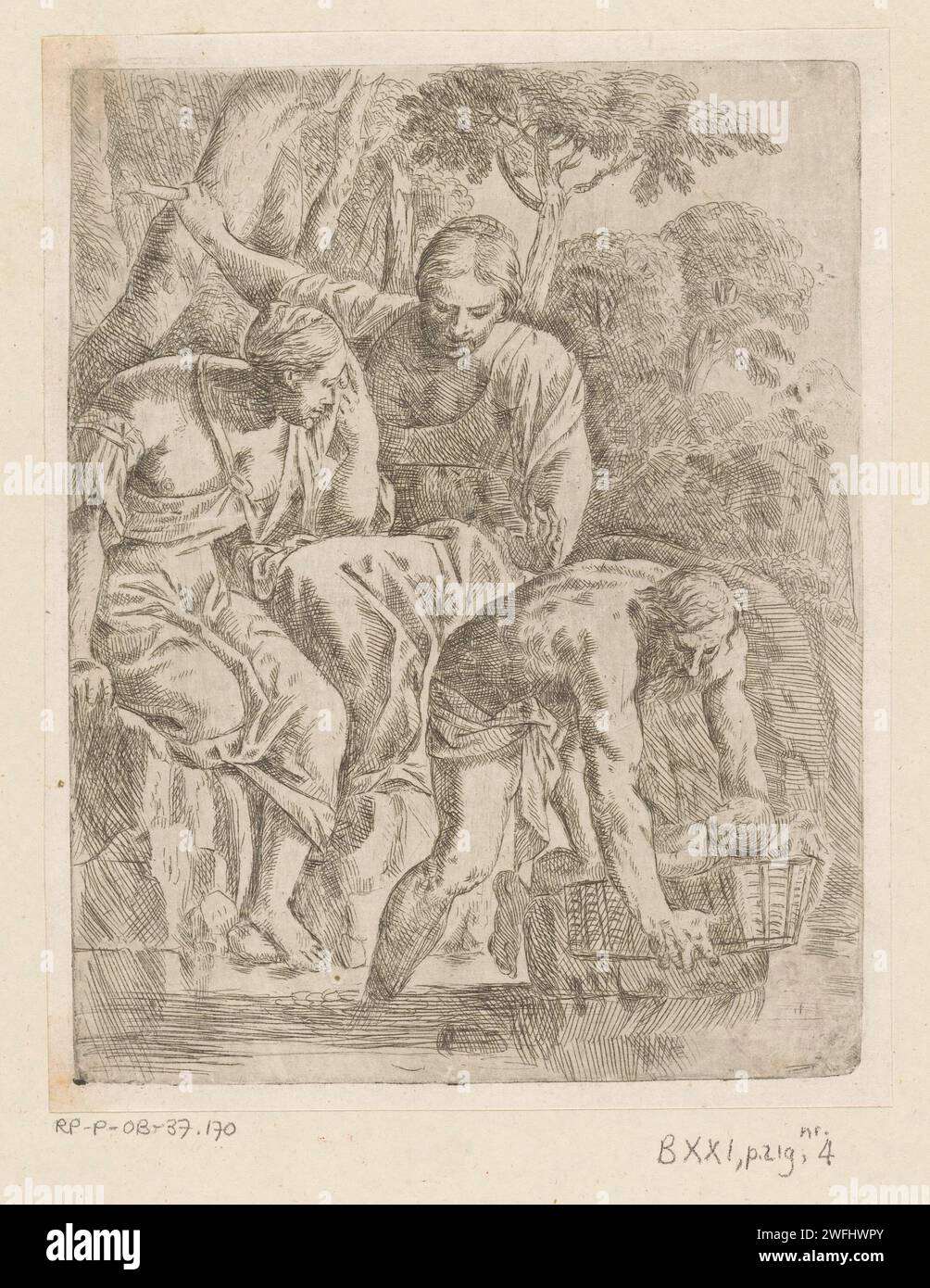 Moses is laid to find, Marco San Martino, 1625 - 1680 print A man leaves the piping basket with the young Moses in the water. Behind him are the mother of Moses and his sister Mirjam on the waterfront. Italy paper etching . Nile Stock Photo