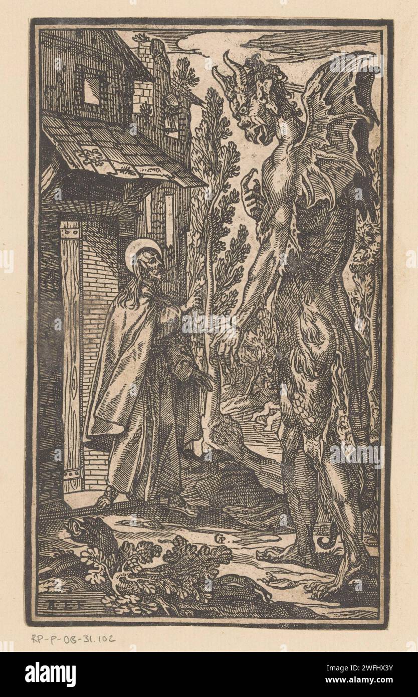 Requesting a saint by the devil, Geronima Cagnaccia Parasole, After Antonio Tempesta, c. 1579 - 1622 print  Italy paper  devil(s) and demons. devil(s) appearing to mortals, trying to seduce them; temptation Stock Photo