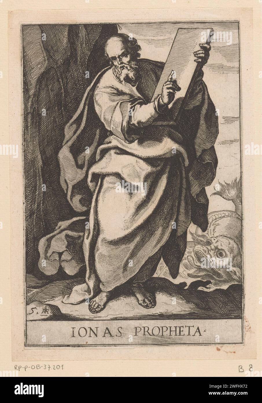 Profeet Jona, Raffaello Schiambinossi, 1606 - 1609 print The prophet Jonah standing with a writing tablet in hand. On the right the fish that swallowed Jonah and then spewed out again. Title in the lower margin and numbered bottom left: 5. Italy paper etching prophets, sibyls, evangelists, Doctors of the Church; persons  the Bible (not in biblical context). writing tablets Stock Photo