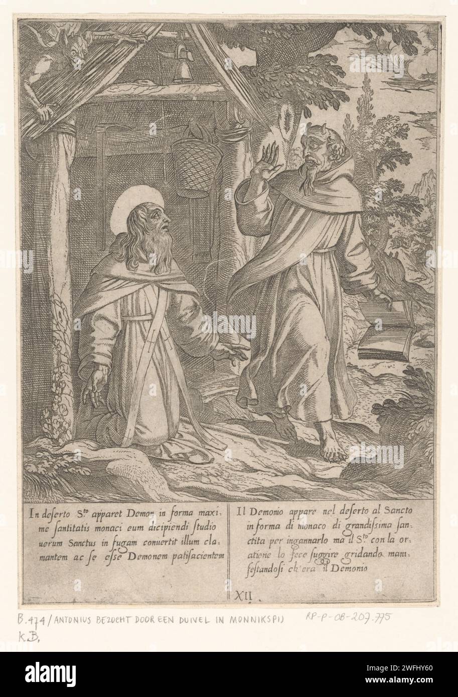 H. Antonius visited in the wilderness by the devil in Monnikspij, 1598 print H. Antonius is in the wilderness for his cabin and is visited by the devil in Monnikspij. Italian and Latin text in two columns in the lower margin. print maker: Italyafter painting by: Romeafter painting by: Romepublisher: RomeItalyItaly paper etching the hermit Antony Abbot (Antonius Abbas) of Egypt, also called the Great; possible attributes: bell, book, T-shaped staff, flames, pig. devil(s) and demons Stock Photo