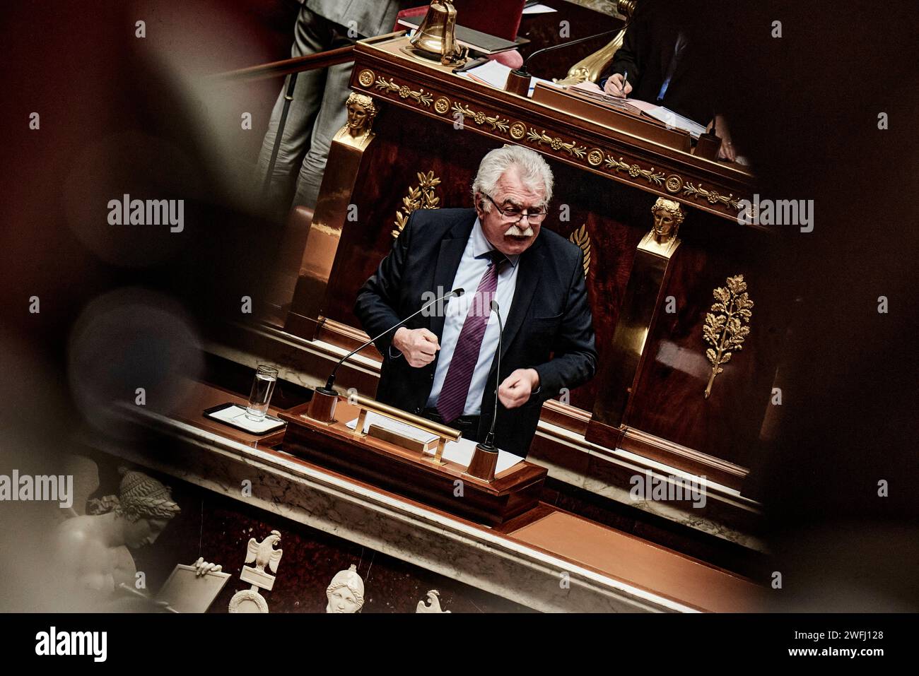 Paris, France. 30th Jan, 2024. Antonin Burat/Le Pictorium - Prime Minister Gabriel Attal' speech of general politic in front of the French National Assembly - 30/01/2024 - France/Ile-de-France (region)/Paris - President of 'Gauche democrate et republicaine' parliamentary group Andre Chassaigne speaks after Prime Minister Gabriel Attal' speech of general politic in the French National Assembly, on January 30, 2024. Credit: LE PICTORIUM/Alamy Live News Stock Photo