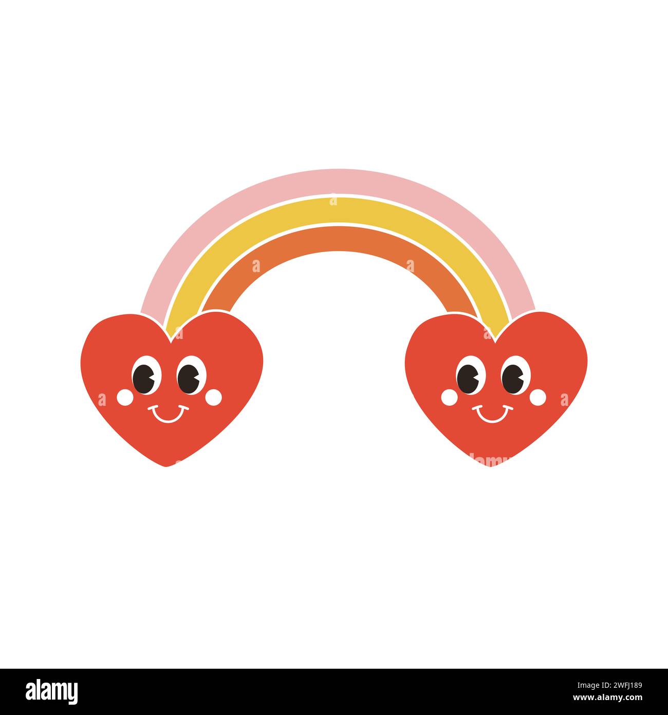 Vector groovy cartoon retro colored rainbow with hearts isolated on white background Stock Vector
