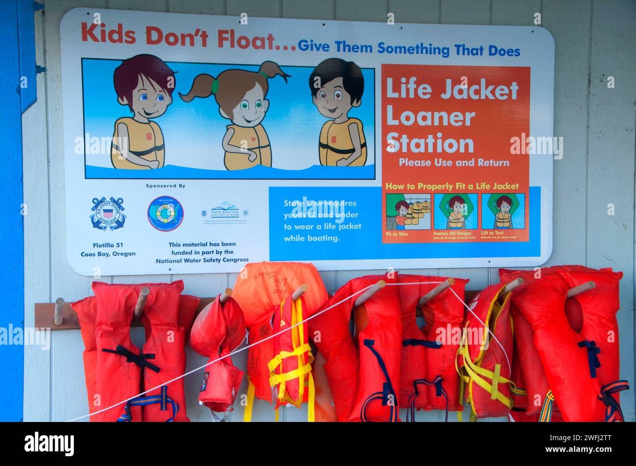 Life jacket station, Charleston Marina, Charleston, Oregon Stock Photo