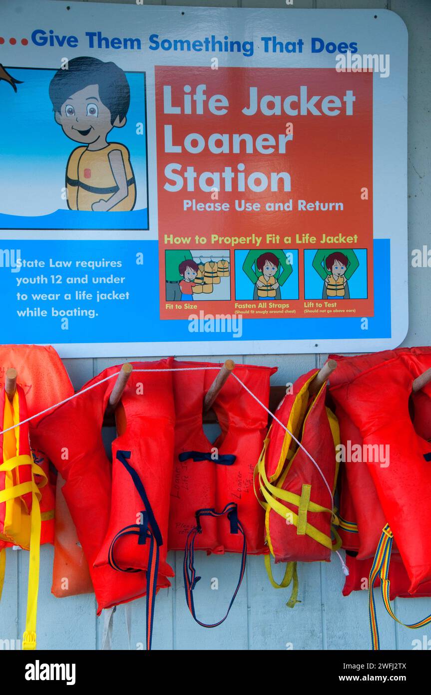 Life jacket station, Charleston Marina, Charleston, Oregon Stock Photo