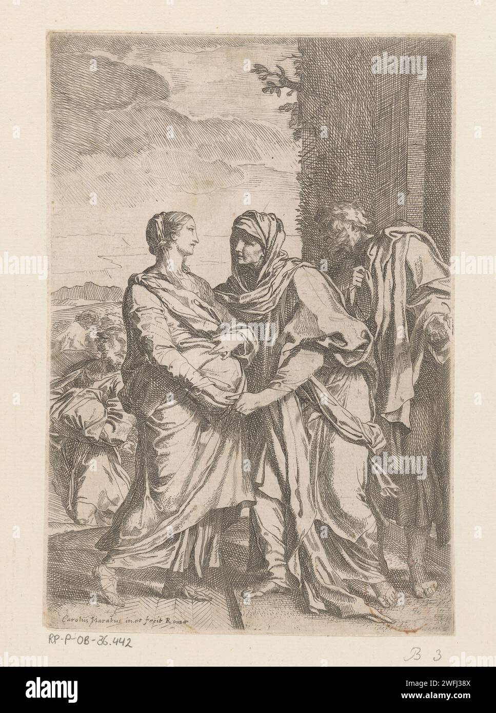 Visitation, Carlo Maratta, 1635 - 1713 print The pregnant Mary visits her niece Elisabet. Zacharias and Joseph are in the background. Rome paper etching Visitation (possibly Joseph and/or Zacharias present) (Luke 1:39-56) Stock Photo
