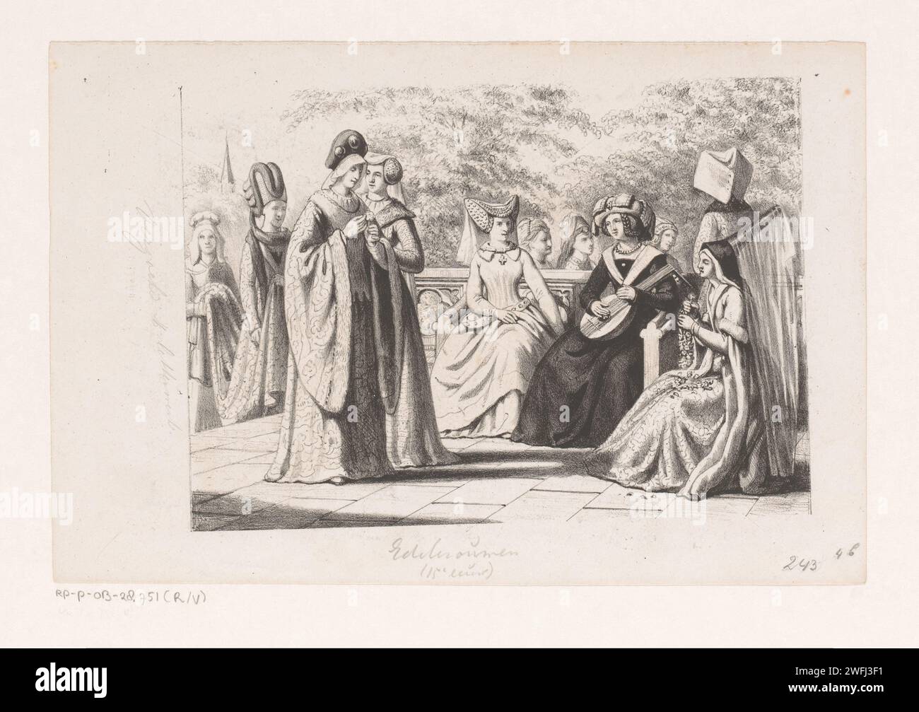 Edelvrouwen in the fifteenth century, David van der Kellen (1827-1895), 1857 - 1864 print The red women are outside. On the right is a woman with a flower wreath and a pointed hat with drag. She receives a woman with a flower addressed by another woman. A woman with a maid is waiting behind it. Haarlem paper  nobility and patriciate; chivalry, knighthood. audition; ruler giving audience - BB - female ruler. lute, and special forms of lute, e.g.: theorbo. cut flowers; nosegay, bunch of flowers. garland, wreath Stock Photo