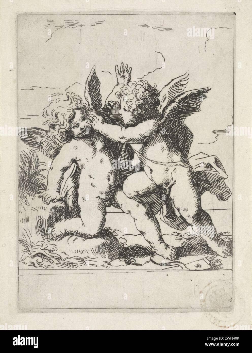 Two Fighting Putti, Lorenzo Loli, 1622 - 1691 print  Italy paper etching Cupids: 'Amores', 'Amoretti', 'Putti'. ficking Stock Photo