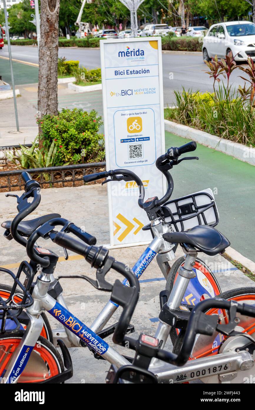 Merida Mexico,Zona Paseo Montejo Centro,En BICI Muevete por Merida,bike bicycle sharing system,sign signs information,promoting promotion advertising, Stock Photo