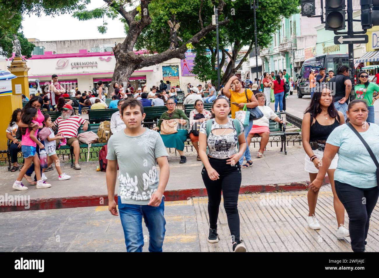 Merida Mexico,centro historico central historic district,Calle 56A,shopping district,Lucas de Galvez market mercado,pedestrian pedestrians,walking str Stock Photo