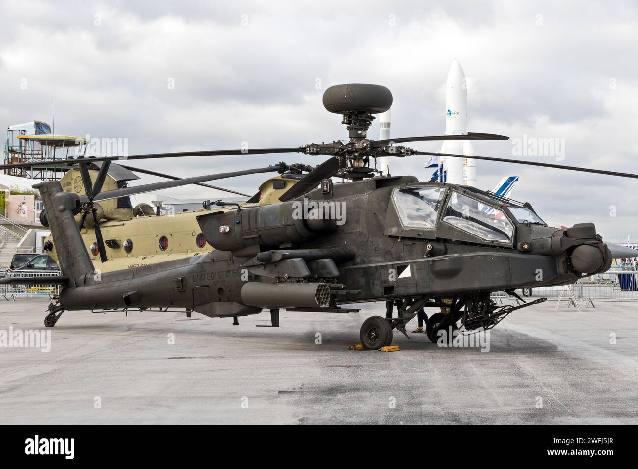 US Army Boeing AH-64D Apache Longbow attack helicopter at the Paris Air Show. Le Bourget, France - June 23, 2017 Stock Photo