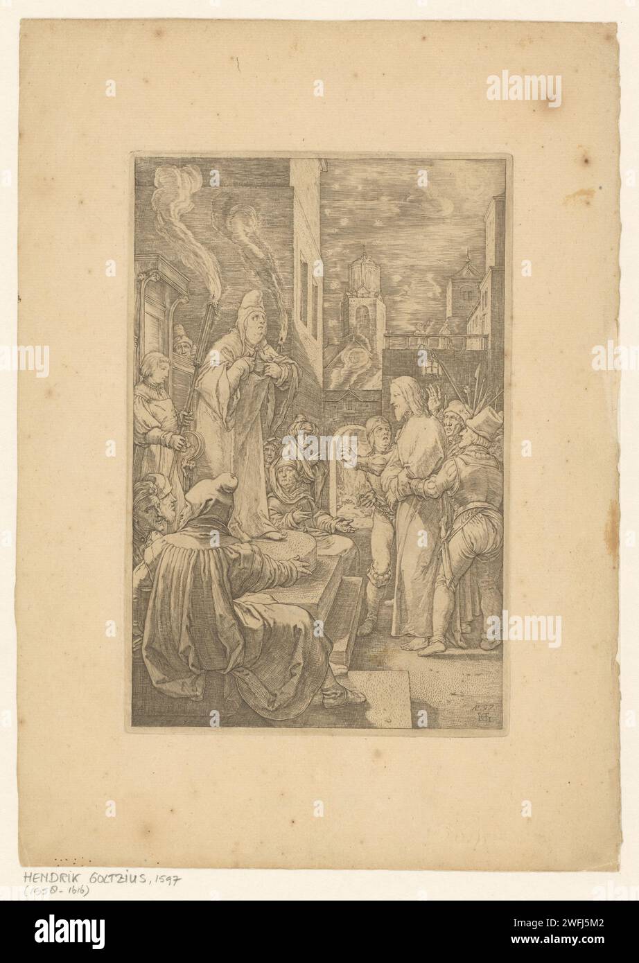Christ before Caiaphas, 1597 print Numbered in the bottom left 4
