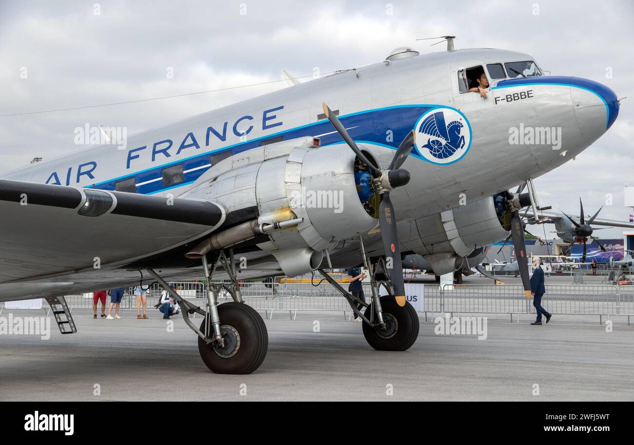 Vintage Dakota DC-3 aircraft from Air France at the Paris Air Show. Le Bourget, France - June 23, 2017 Stock Photo