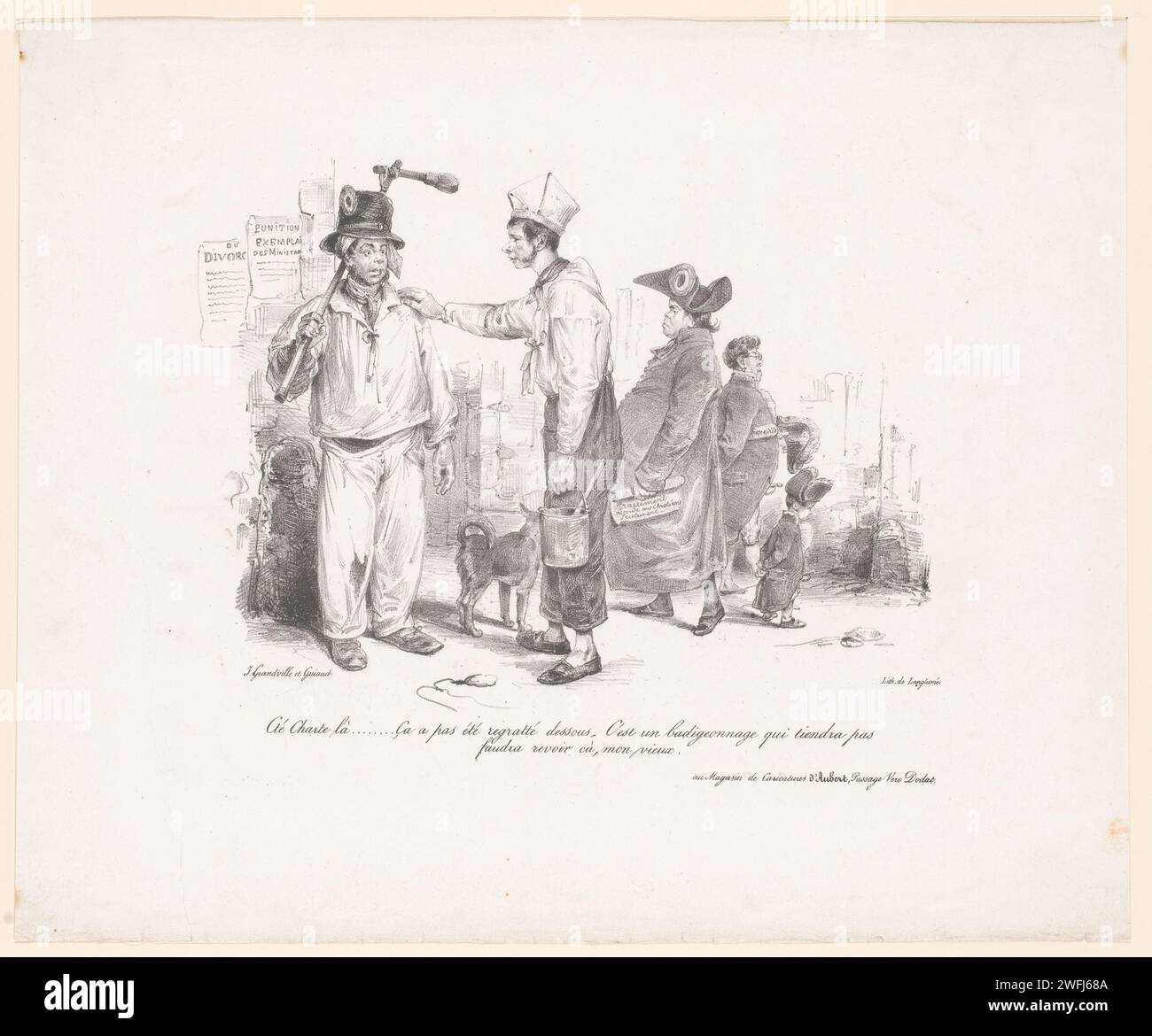 Various figures on the street at two posters, Jean Ignace Isidore Gérard Grandville, 1830 print  Paris paper  poster. political caricatures and satires Stock Photo
