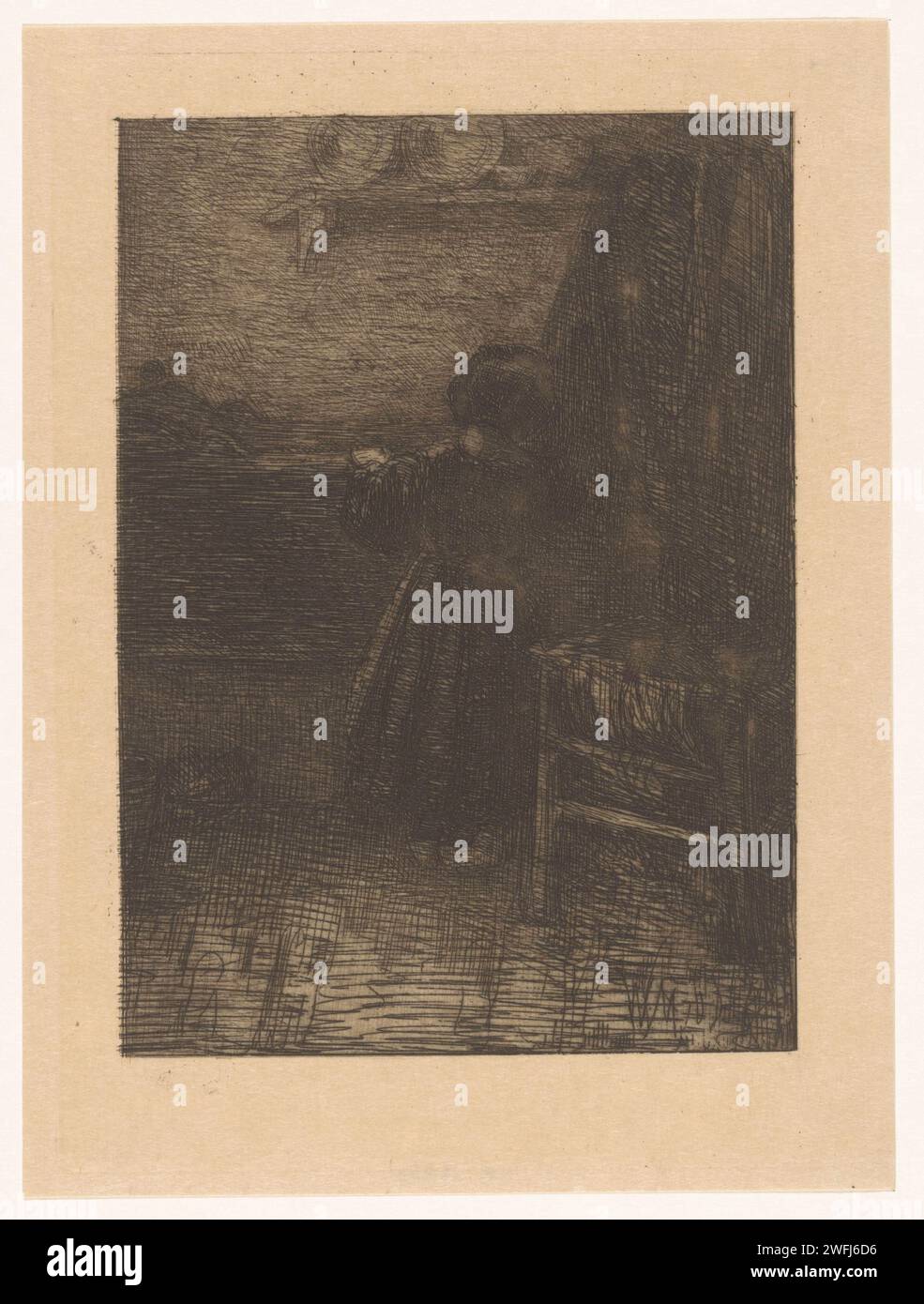 Girl at countertop, Wally Moes, 1866 1918 print A girl stands at a