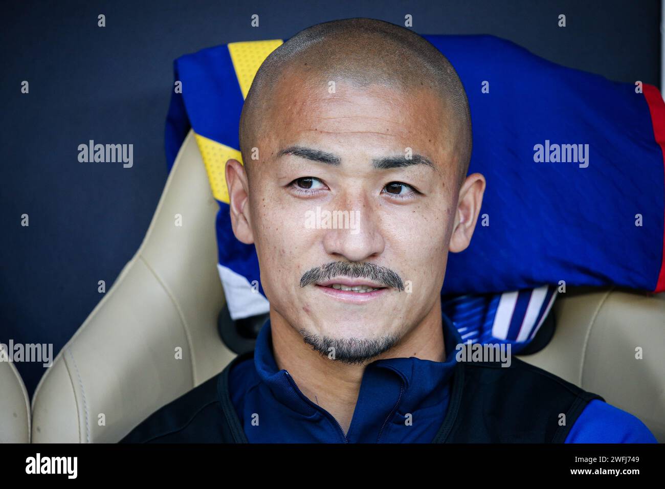 Doha, Qatar, 31 Jan 2024, AFC Asian Cup 2023 Round of 16 : Bahrain vs Japan 1-3, Ritsu Doan, Takefusa Kubo and Ayase Ueda score for Japan Stock Photo