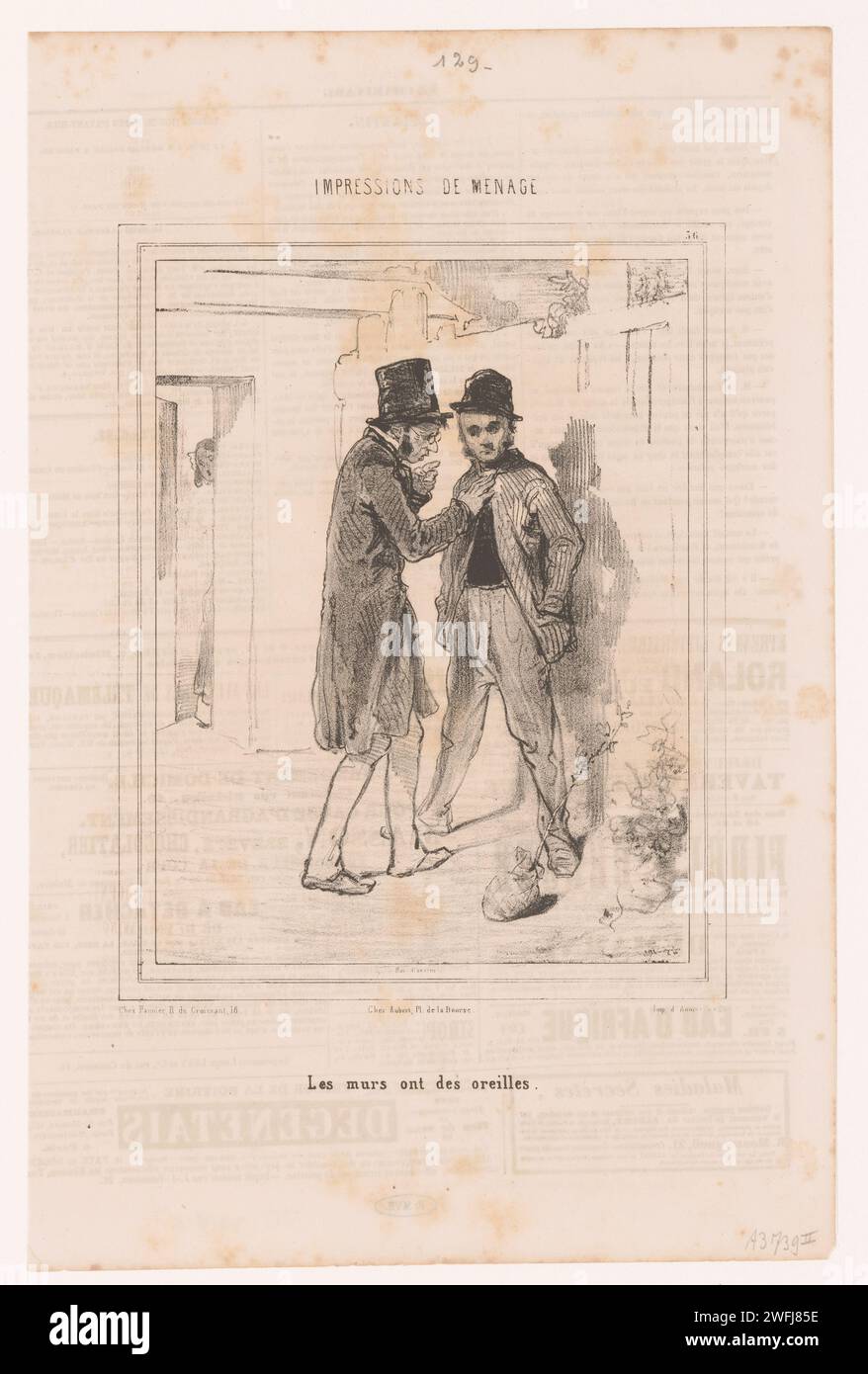 Man warns his neighbor, Paul Gavarni, 1843 print The man warns his neighbor that the walls have ears. In other words: it is noisy. In the background, the neighbor puts her head around the corner of the door. Paris paper  neighbour Stock Photo