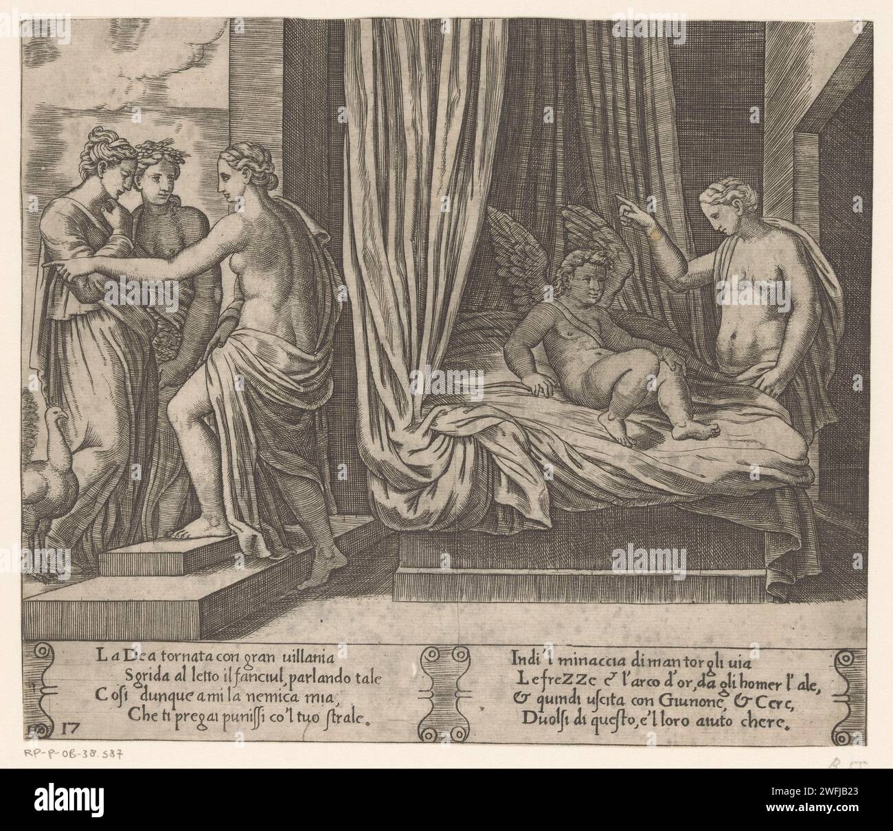 Venus punishes Amor, master of the dice, after Michiel Coxie (i), c. 1530 - c. 1560 print Venus punishes her son Amor because of his love for the King's daughter Psyche. On the left is Psyche together with the goddesses Juno and Ceres. Italian text in two cartouches in STUDMARGE. Twice numbered bottom left: 17. Italy paper engraving other scenes from the story of Cupid and Psyche. Psyche with Ceres. Psyche with Juno. Venus punishing Cupid Stock Photo