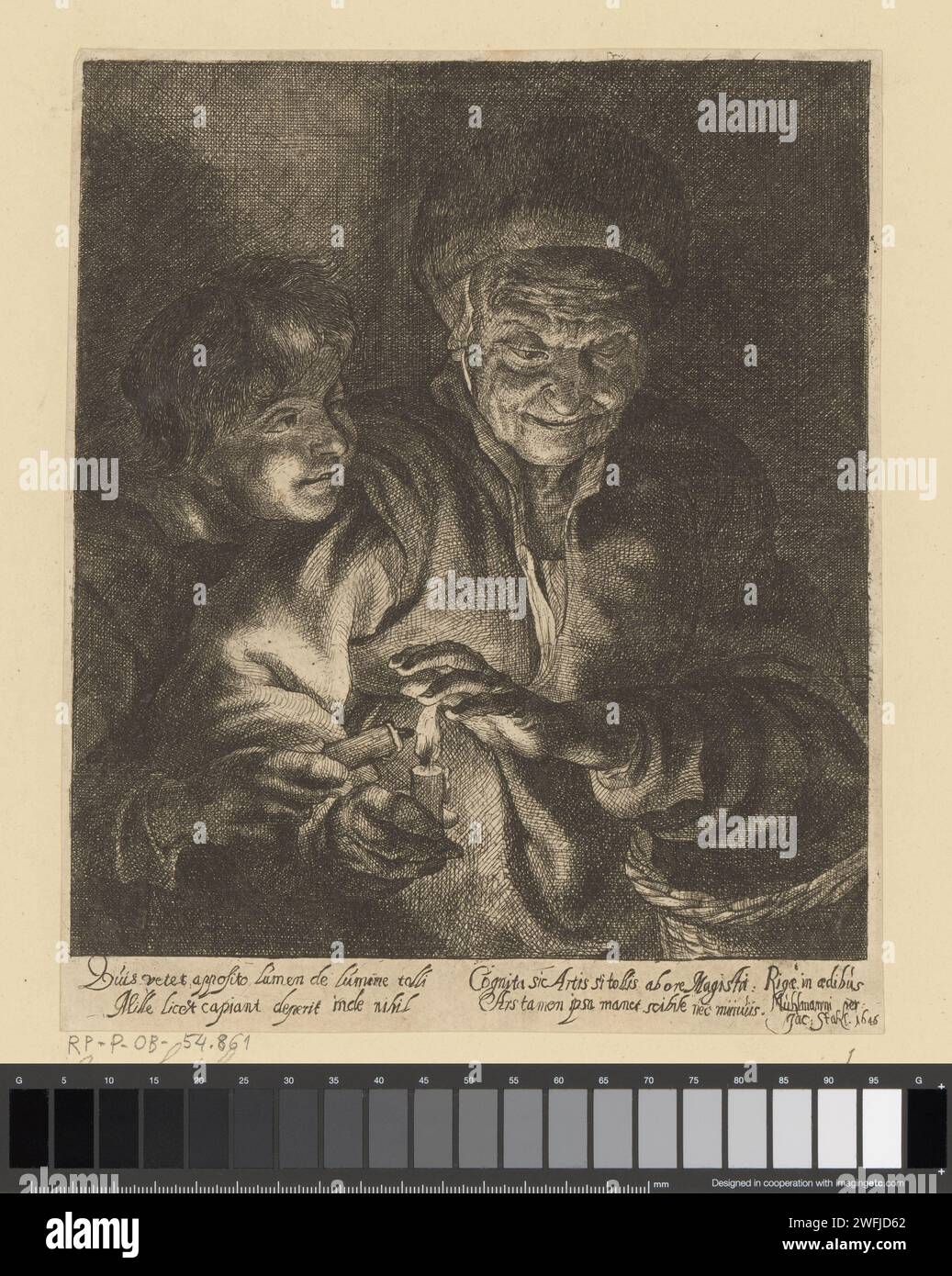 Boy and old woman with candles, Jacob Stahl, after Peter Paul Rubens, 1646 print  Print Maker: Rigaafter Print by: Southern Netherlands paper etching old woman. candle Stock Photo