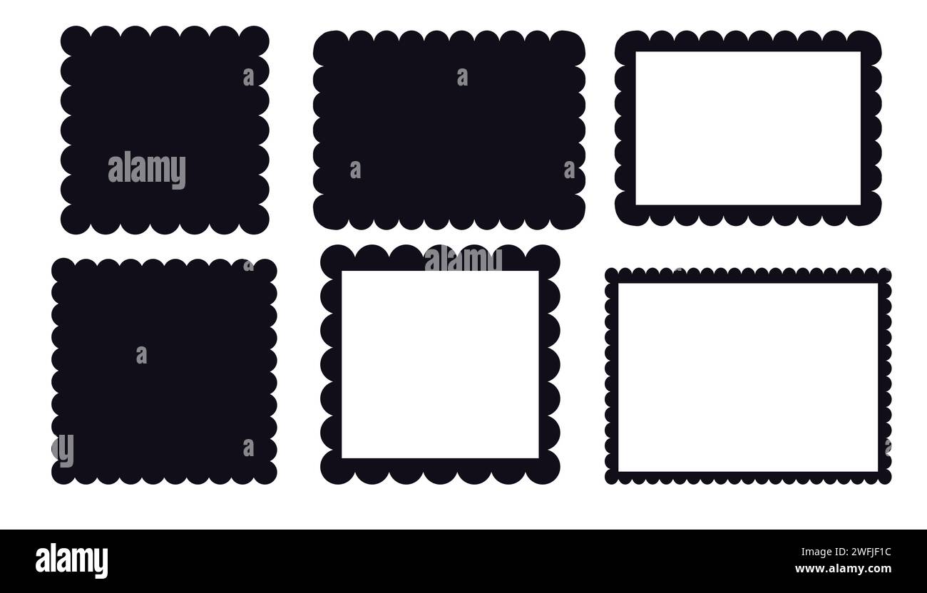 Scalloped edge border silhouette shapes, wavy borders isolated on white