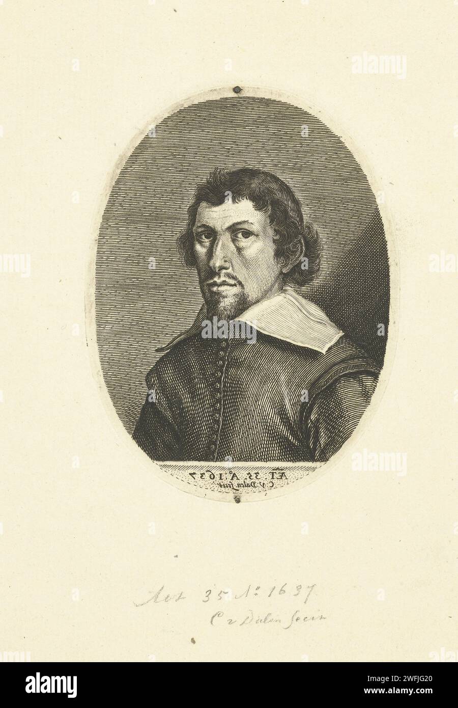 Self-portrait at the age of 35, Cornelis van Dalen (I), 1637 print  Great Britain paper engraving Stock Photo