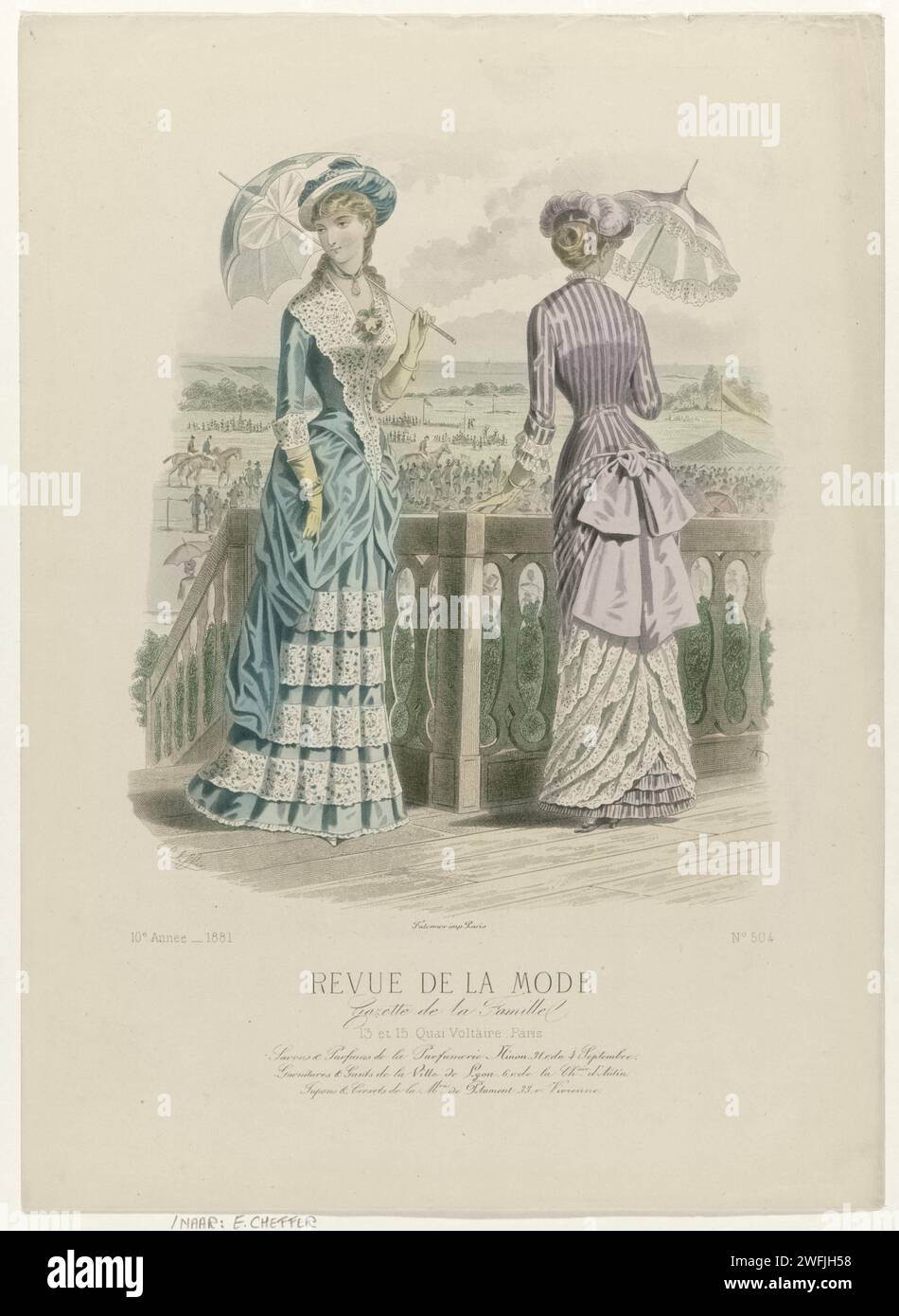 Fashion review, family gazette, Sunday August 28, 1881, 10th year, no. 504: soaps & perfumes of Ninon perfumery (...), E. Cheffer, 1881  Two women with parasols, dressed in 'toilets' for the horse races. Left: dress of light green 'satin merveilleux' (satin) and ecrus -lean linen side (guipure). Right: 'toilette' of purple 'pékin' with stripes of moiré, decorated with white lace. Under the performance some lines of advertising text for different products. Print from the fashion magazine Revue de La Mode (1872-1913). Detailed description of the clothing on page 292 'planche coloriée'. Paris pap Stock Photo