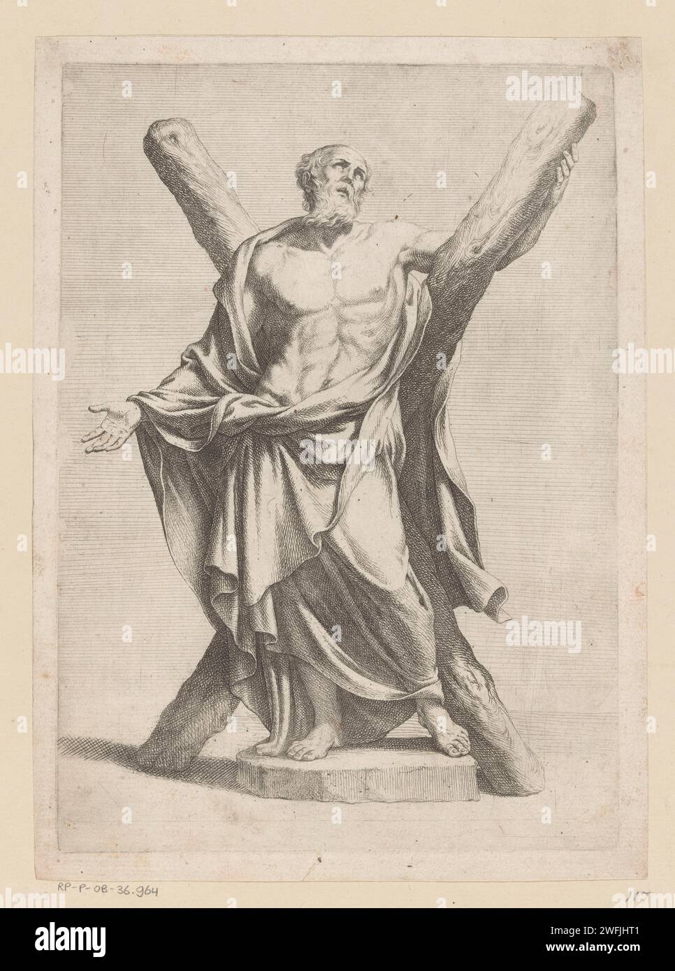 De Heilige Andreas, Pietro del Po, after François du Quesnoy, 1620 - 1692 print The holy Andreas with the Andreaskruis. Italy paper engraving the apostle Andrew; possible attributes: book, X-shaped cross, fish, fishing-net, rope, scroll - specific aspects  male saint Stock Photo