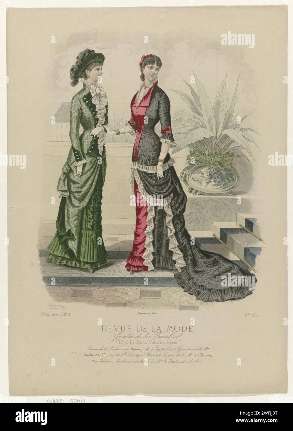 Fashion review, family gazette, Sunday January 25, 1880, 9th year, No. 421: Savrepumeri soaps (...), Guido Gonin, 1880  Two women on a terrace with garden vase. Left: 'Toilette de Ville'. Right: dress for a soirée and reception. Under the performance some lines of advertising text for different products. Print from the fashion magazine Revue de La Mode (1872-1913). Detailed description of the clothing on page 38 'planche coloriée'. Paris paper engraving fashion plates. dress, gown: evening dress (+ women's clothes). skirt (+ women's clothes). head-gear: hat (+ women's clothes). necklace (+ wom Stock Photo