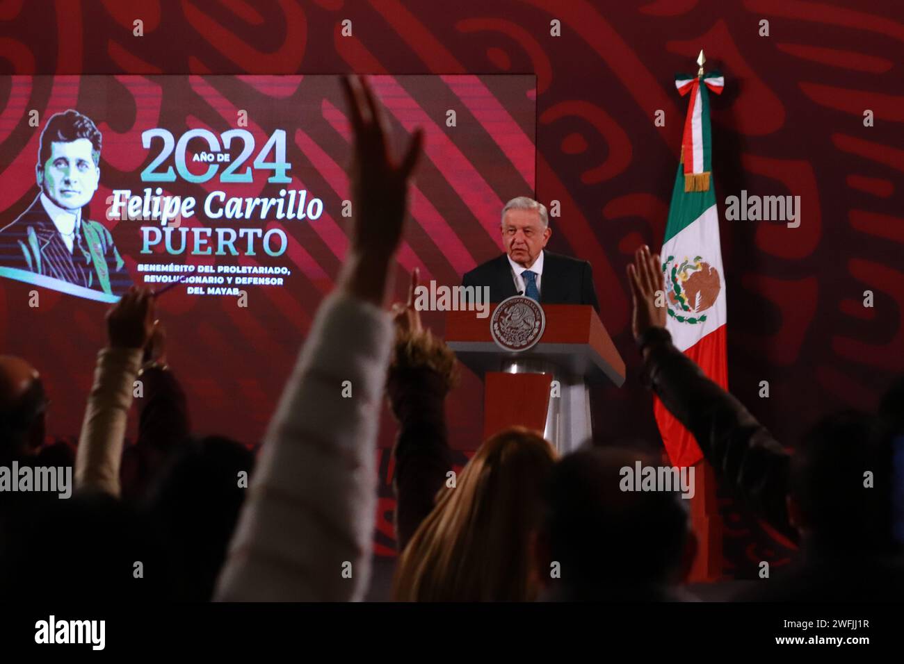 Mexico City, Mexico. 31st Jan, 2024. January 31, 2024 in Mexico City, Mexico: Mexican President, Andres Manuel Lopez Obrador, speaks during the briefing conference in front of reporters at the National Palace. on January 31, 2023 in Mexico City, Mexico. (Photo by Carlos Santiago/ Eyepix Group/Sipa USA) Credit: Sipa USA/Alamy Live News Stock Photo