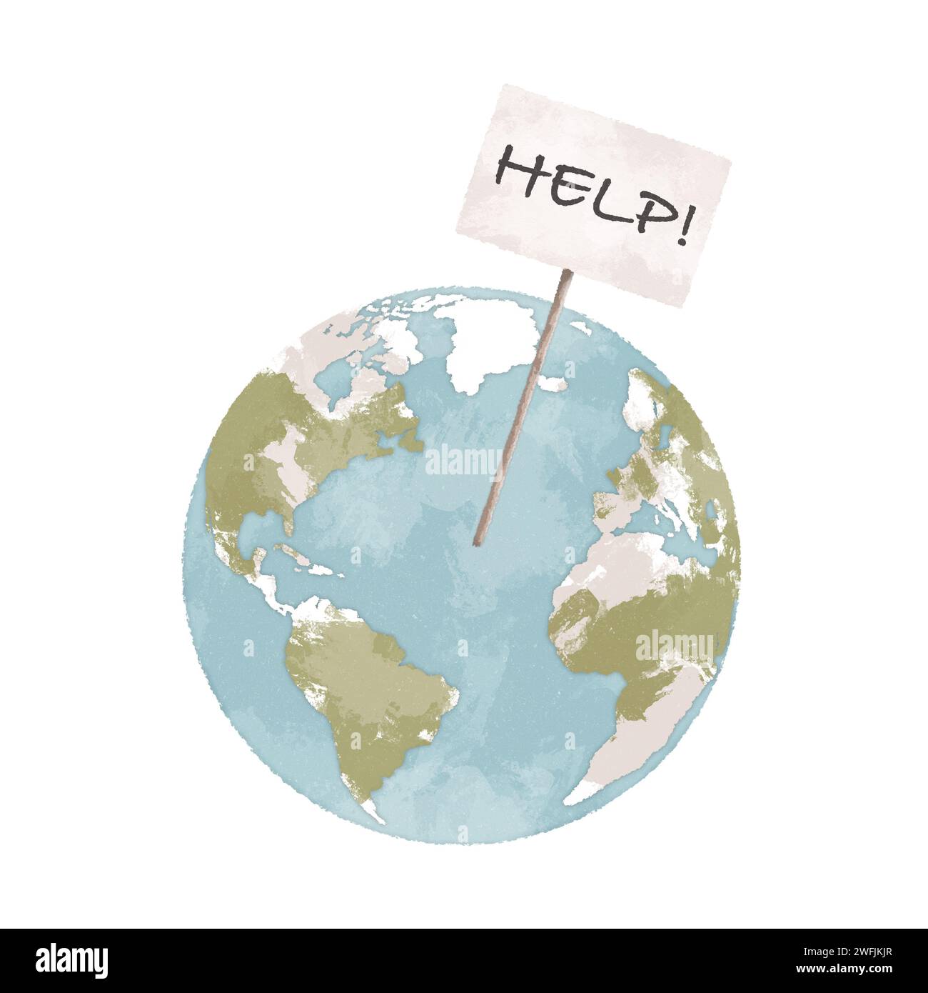 Planet Earth with help sign hand drawn illustration. Climate change concept. Global warming art. Environmental challenges concept art Stock Photo