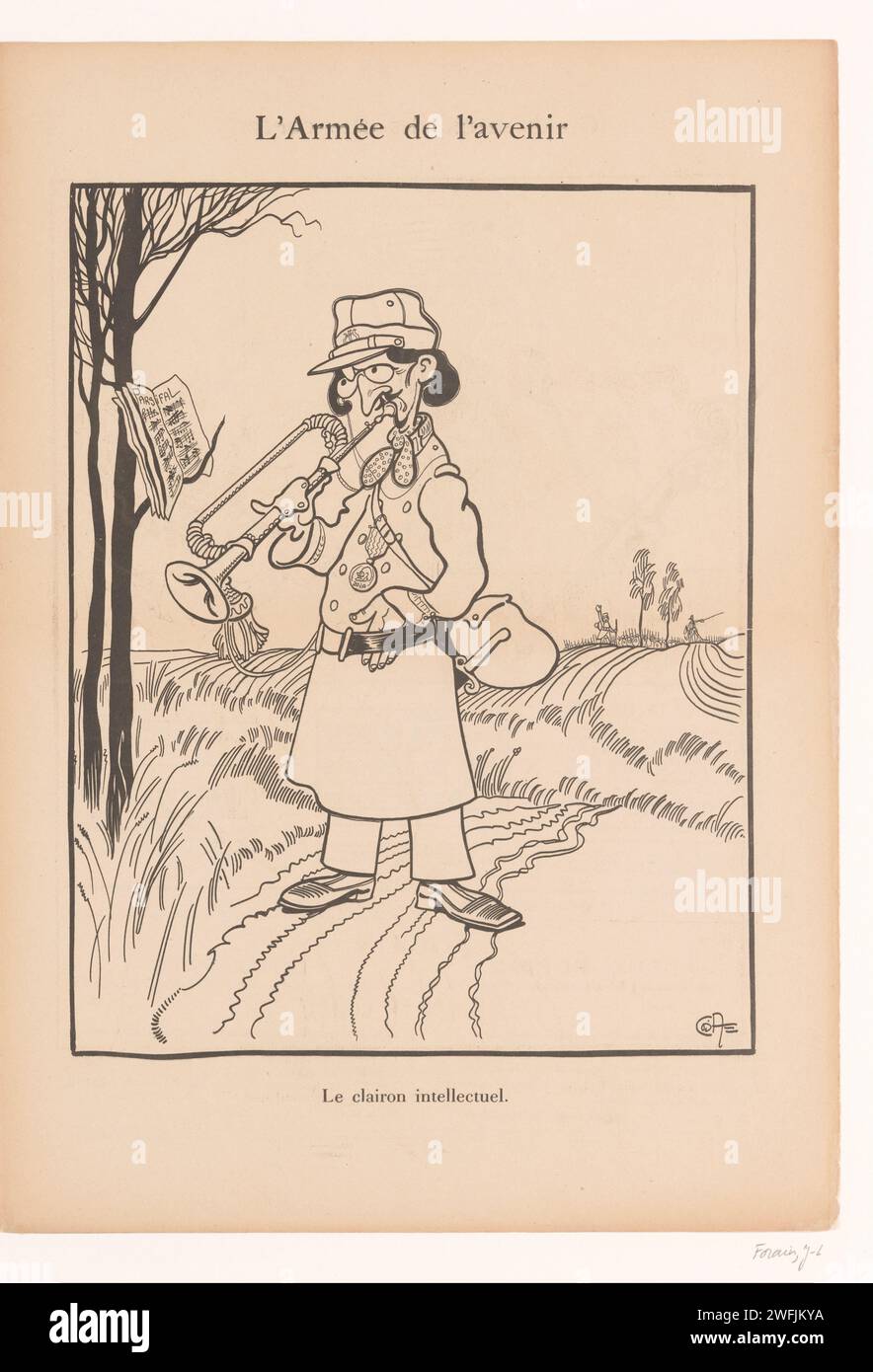 Caricature of a clarion blower in the army as intellectual, Caran d'Ache, 1898 print. magazine Print is part of a folding leaf. Paris paper  political caricatures and satires. caricatures (human types). horn, trumpet, cornet, trombone, tuba - CC - out of doors. private soldier Stock Photo
