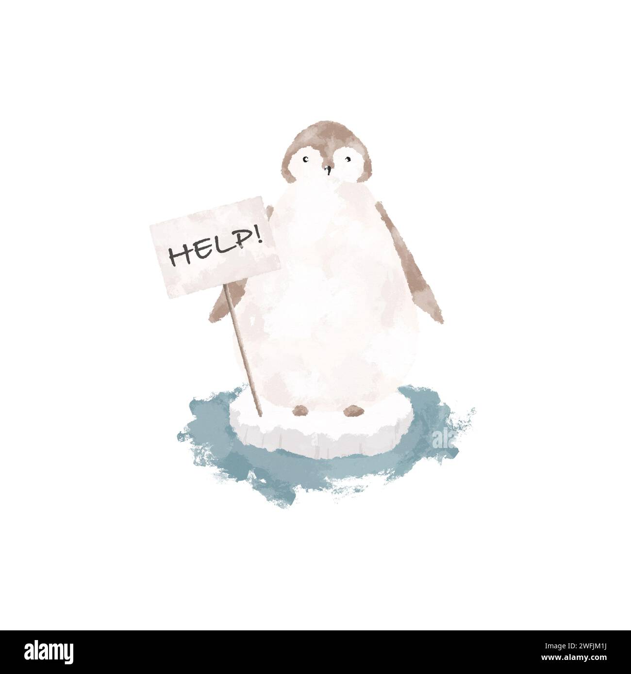 Penguin on a melting iceberg with help sign. Global warming concept. Climate change concept illustration. Environment conservation art Stock Photo